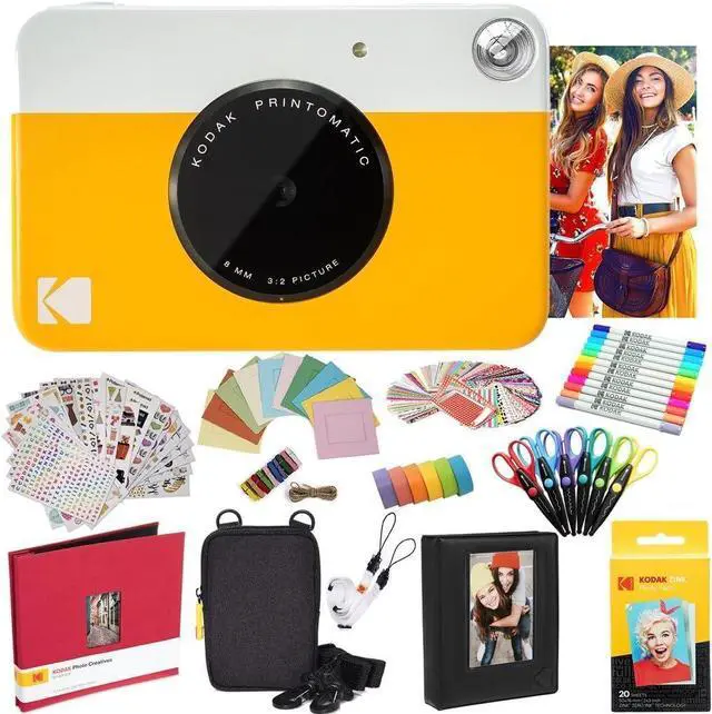 Main image of Kodak Printomatic Instant Camera, Zink 2x3 (5.1x7.5 cm) Bundle (Yellow) + Zink Paper (20 Sheets) + Deluxe Case + Photo Album + 7 Sticker Sets + Markers + Scissors and More