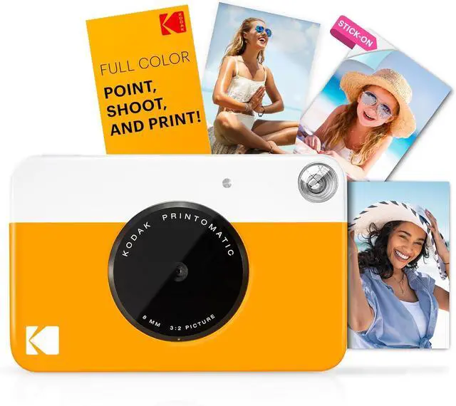 Alt view image 2 of 7 - Kodak Printomatic Instant Camera, Zink 2x3 (5.1x7.5 cm) Bundle (Yellow) + Zink Paper (20 Sheets) + Deluxe Case + Photo Album + 7 Sticker Sets + Markers + Scissors and More
