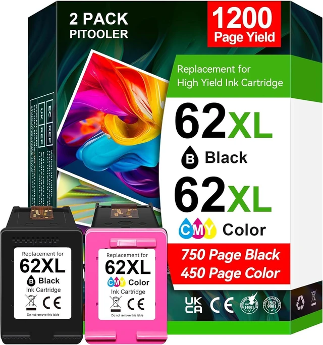 Main image of High Yield 62XL Ink Cartridges Black Tri-Colour Compatible for HP 62 Ink Cartridge Works with HP Envy 5540 5640 5660 7644 OfficeJet 5740 5741 8040 Printer, 750 Pages Black, 450 Pages Color