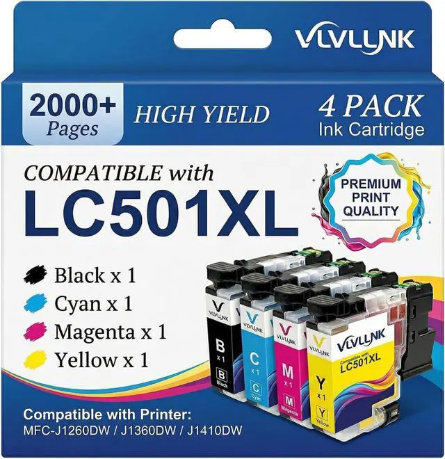 Main image of LC501XL Ink Cartridges Compatible with Brother LC501XL LC501 Ink cartridges LC501 XL Work with Brother MFC-J1360DW MFC-J1410DW MFC-J1260W Printer 4 Pack Black Cyan Magenta Yellow