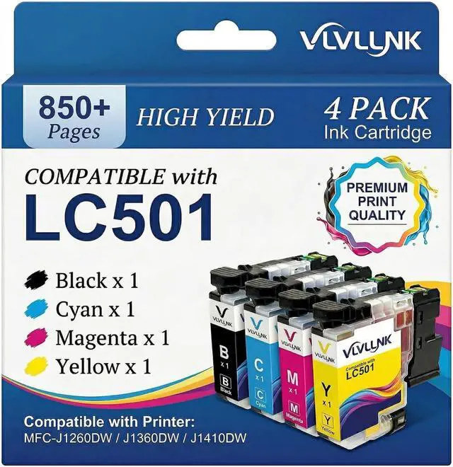 Main image of LC501 Ink Cartridges Compatible with Brother LC501 Ink Cartridges LC501XL 501 Ink to use with MFC-J1410DW MFC-J1260DW MFC-J1360DW Printers 4 Pack Black Cyan Magenta Yellow