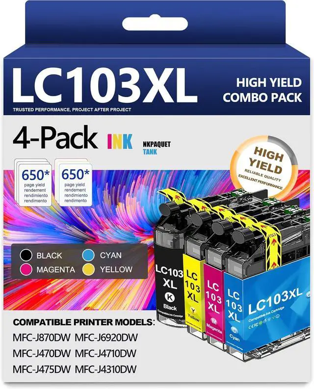 Main image of LC103XL LC103 103 Ink Cartridges Replacement for Brother LC103 XL LC103 LC101XL Ink Work with MFC-J870DW MFC-J6920DW MFC-J6520DW MFC-J450DW MFC-J470DW (1 Black, 1 Cyan, 1 Magenta, 1 Yellow 4 Pack)
