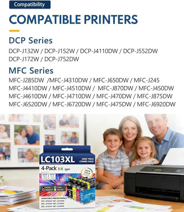 Alt view image 3 of 7 - LC103XL LC103 103 Ink Cartridges Replacement for Brother LC103 XL LC103 LC101XL Ink Work with MFC-J870DW MFC-J6920DW MFC-J6520DW MFC-J450DW MFC-J470DW (1 Black, 1 Cyan, 1 Magenta, 1 Yellow 4 Pack)