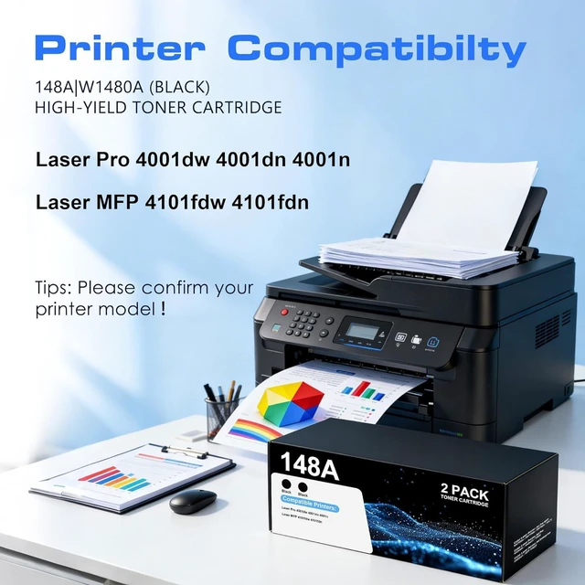 Alt view image 2 of 7 - 148A Black Toner Cartridges High-Yield 2 Pack for Laser Printer Pro 4001dw 4101fdw Replacement for HP 148A|W1480A Toner with Chip for Laser Pro 4001dw 4001dn 4001n MFP 4101fdw 4101fdn Printer