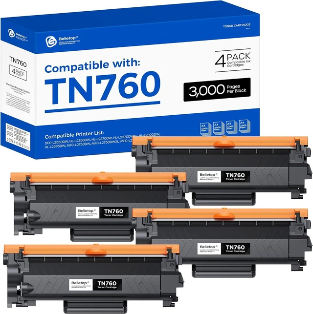 Main image of TN760 High Yield Toner Cartridges Replacement for TN 760 TN-760 TN730 Toner Compatible with MFC-2710DW HL-L2395DW DCP-L2550DW HL-L2370DW HL-L2690DW HL-L2390DW MFC-L2750DW Printers(4 Pack)