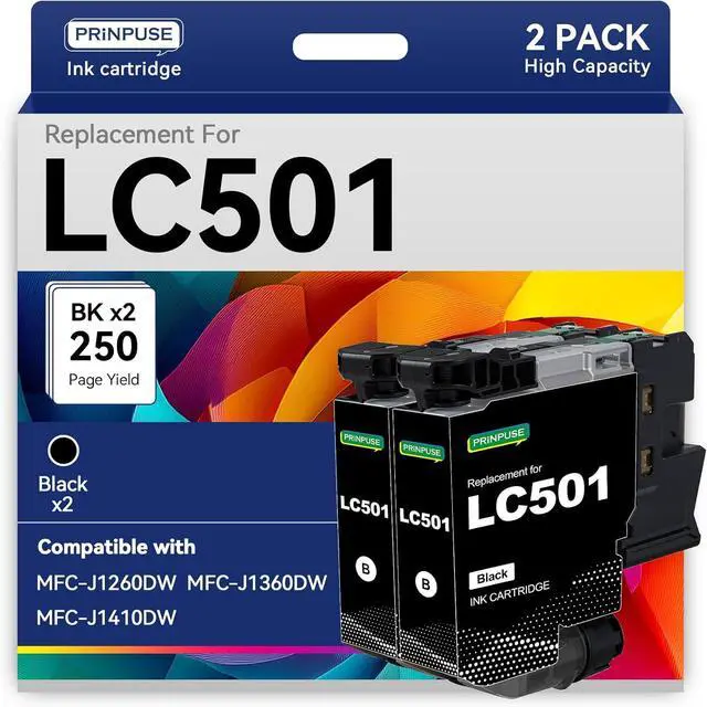 Main image of LC501 Black Ink Cartridges Compatible Replacements for Brother LC501 LC501XL Black for Brother Printer Work Smart MFC-J1260DW MFC-J1360DW MFC-J1410DW, 2 Pack