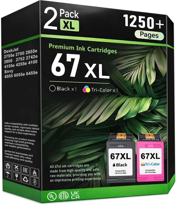 Main image of 67XL Ink Cartridges 2-Pack Compatible Combo Pack Replacement for HP 67 XL Ink Cartridges for Desk Jet 2827e 4227e 2755e 2855e 2800 4155e 2755 2852e Envy 6055e 6000 6455e Printer