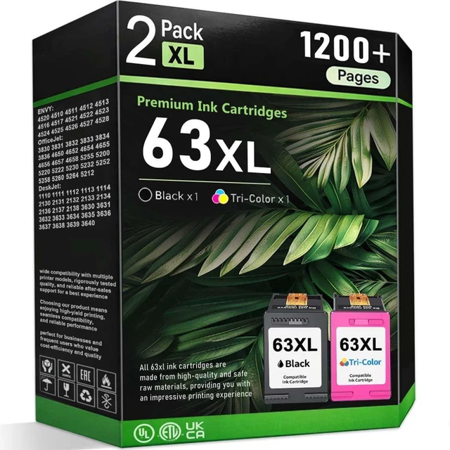 Main image of 63XL Ink Cartridges 2-Pack Compatible Combo Pack Replacement for HP 63 XL Ink Cartridges for Office Jet 4650 5258 5200 3830 5255 4655 4652 5252 Desk Jet 3630 3634 1112 Envy 4510 4520 Printer