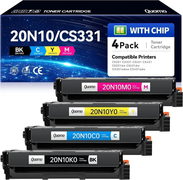 Main image of CS331 CX331 Toner Cartridges 4 Pack (with Chip) Replacement for Lexmark 20N10K0 20N10C0 20N10M0 20N10Y0 Toner Compatible with Lexmark CS331dw CS431dw CX331adwe CX431adw CS431 CX431 Series Printer Ink