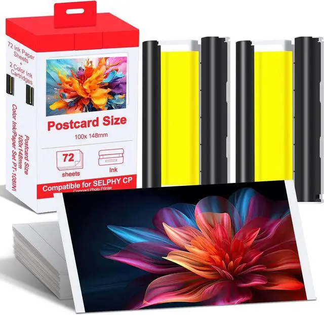 Main image of KP-108IN Ink Cartridge compatible with Canon Selphy series ink and photo paper, includes 72 sheets of 4x6-inch glossy photo paper and 2 ink cartridge. For Selphy CP1500/CP1300/CP1200/CP1000/CP910