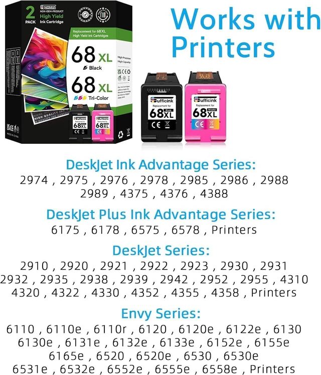Alt view image 2 of 7 - 68XL Ink Cartridges Compatible for HP 68 Ink Cartridges Black Color Combo Pack High Yield for HP Ink 68 68e 68XL fit for Envy 6155e 6555e 6500e 6100e 6165e 6152e 6552e 6558e 6110e 6520 Printer(2 Pack)