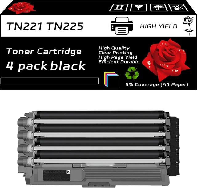Main image of TN221 TN225 Toner Cartridge Compatible for Brother MFC-9130CW HL-3170CDW HL-3180CDW MFC-9340CDW MFC-9330CDW Printers, with Chip, High Yield 3500 Pages, Clear Printing (4 Pack Black)
