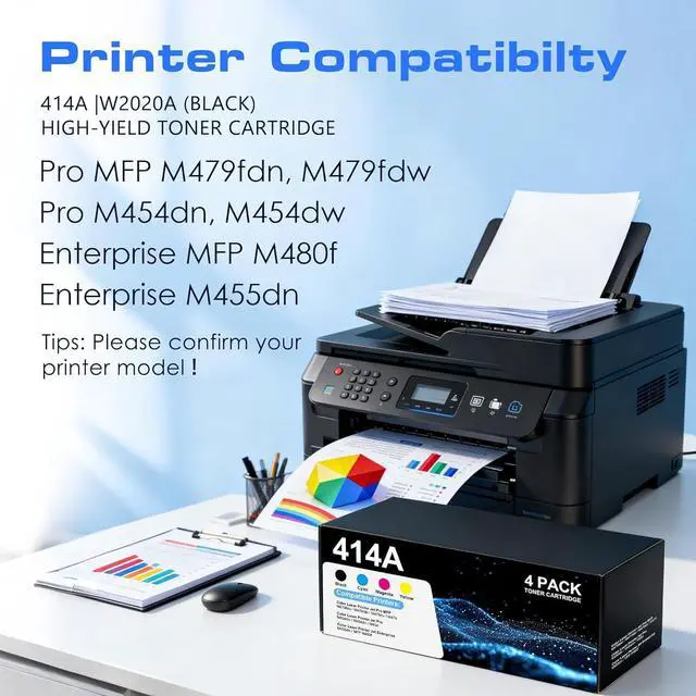 Alt view image 2 of 7 - 414A Toner Cartridges 4 Pack for Color Laser Printer Jet Pro MFP M479fdw M454dw Replacement for HP 414A 414X Toner with Chip for M479fdn M454dn Enterprise MFP M480f M455dn M479 Series(C/M/Y/K)