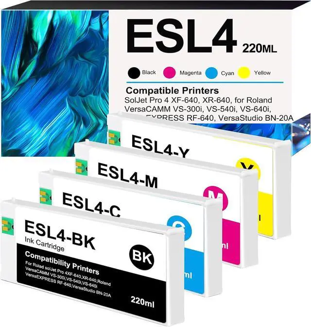 Main image of ECO-SOL MAX 2 Ink Cartridge Replacement for Roland Printers ESL4 Ink Cartridges ESL4-CY ESL4-MG ESL4-YE ESL4-BK Ink Cartridges Set (220mL, 4-Pack)