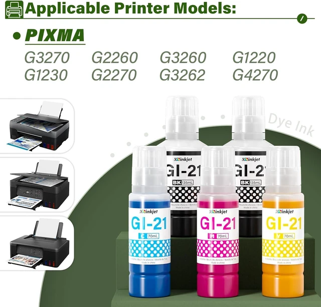 Alt view image 2 of 6 - G3270 Ink Refill Bottles, GI-21 Ink Refill Bottles Compatible for Canon Megatank G3270 G3260 G2270 G4270 G1220 G1230 G3262 G2260 Printer, 21 GI21 Ink(2BK C M Y)