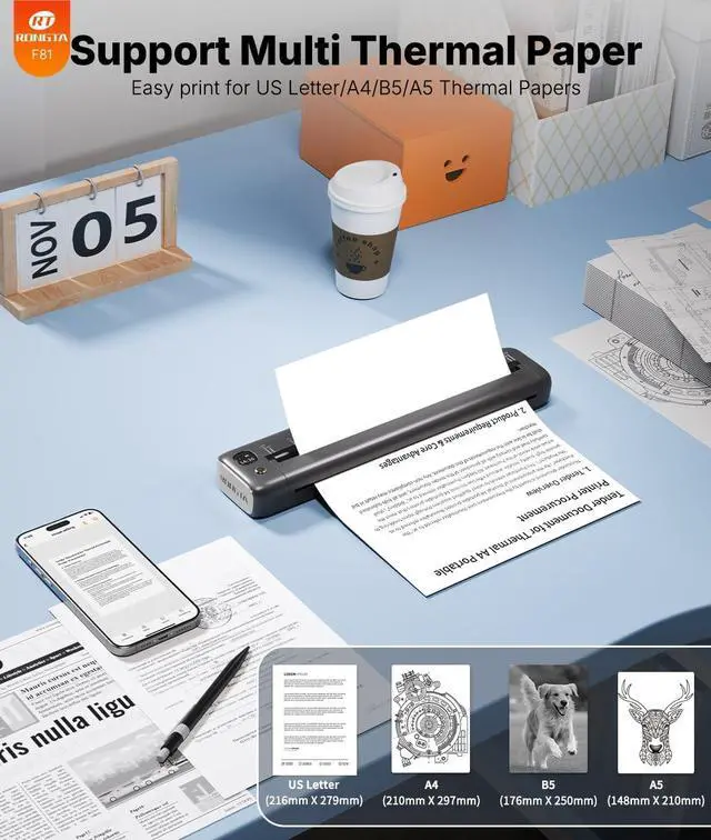 Alt view image 4 of 7 - Rongta Portable Thermal Printer for Travel for 8.5" x 11" US Letter