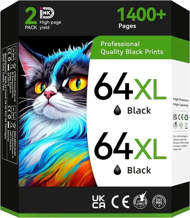 Main image of InKID Printer Ink 64 Compatible for HP 64XL Black Ink Cartridge Work for Envy Photo 7800 7858 7855 7100 7120 7155 7158 7164 6255 6252 Inspire 7955e Tango Series Printer(2 Pack)
