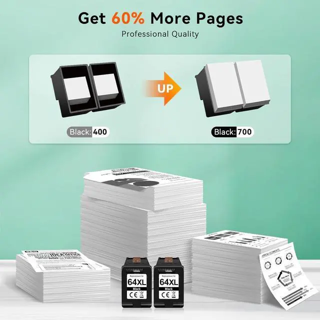 Alt view image 3 of 7 - InKID Printer Ink 64 Compatible for HP 64XL Black Ink Cartridge Work for Envy Photo 7800 7858 7855 7100 7120 7155 7158 7164 6255 6252 Inspire 7955e Tango Series Printer(2 Pack)