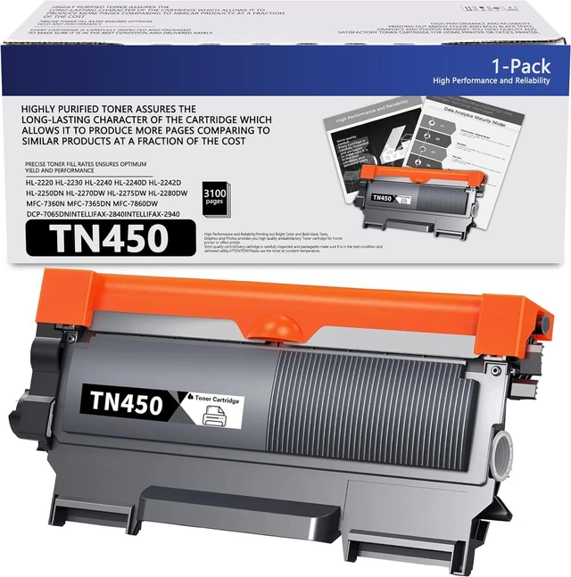 Main image of TN-450 High Yield Black Toner Cartridge Replacement for Brother TN450 TN 450 HL-2270DW HL-2280DW HL-2230 HL-2240 MFC-7360N MFC-7860DW DCP-7065DN Intellifax 2840 2940 Printer Toner (1 Pack 3,100 pages)