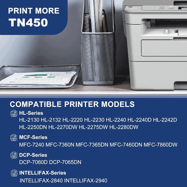 Alt view image 2 of 7 - TN-450 High Yield Black Toner Cartridge Replacement for Brother TN450 TN 450 HL-2270DW HL-2280DW HL-2230 HL-2240 MFC-7360N MFC-7860DW DCP-7065DN Intellifax 2840 2940 Printer Toner (1 Pack 3,100 pages)