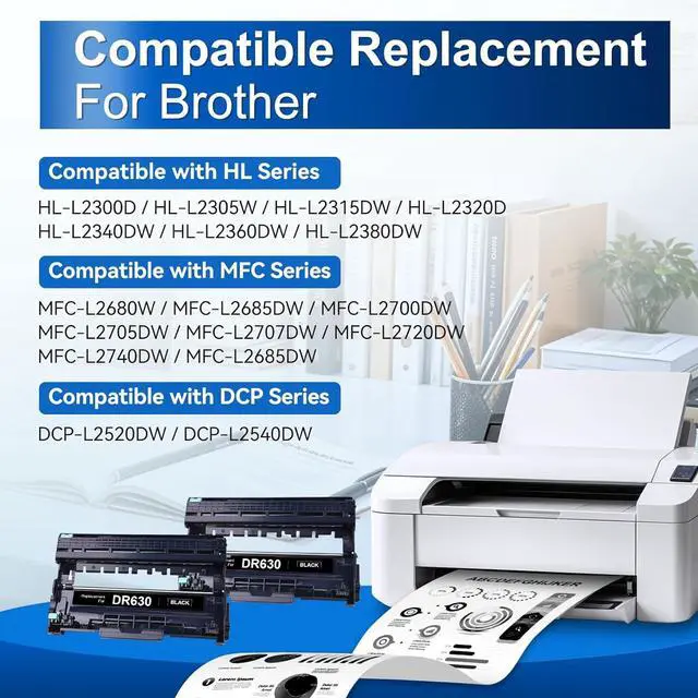 Alt view image 3 of 7 - DR630 DR-630 Drum Unit (Not Toner) Replacement for Brother DR 630 Drum TN660 TN630 for HL-L2300D HL-L2320D HL-L2305W MFC-L2700DW HL-L2360DW HL-L2380DW DCP-L2540DW MFC-L2720DW Printer Black, 2-Pack