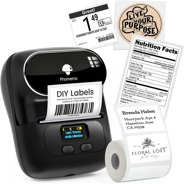 Main image of Phomemo Label Maker, Label Printer Thermal, M110 Bluetooth Portable Sticker Printer, Print Width 20mm-50mm, Versatile App with 600+ Fonts & 700 Templates, for Small Business & Home, Black (100 Labels)