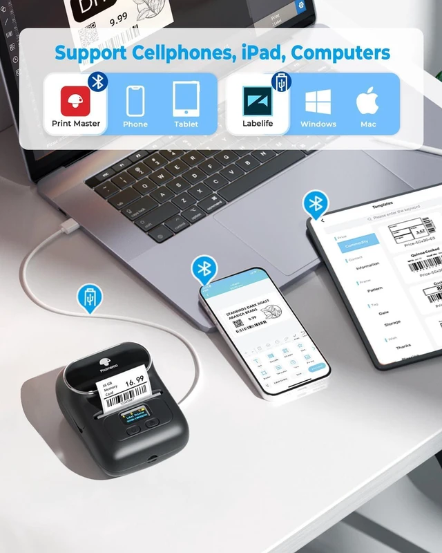 Alt view image 2 of 7 - Phomemo Label Maker, Label Printer Thermal, M110 Bluetooth Portable Sticker Printer, Print Width 20mm-50mm, Versatile App with 600+ Fonts & 700 Templates, for Small Business & Home, Black (100 Labels)