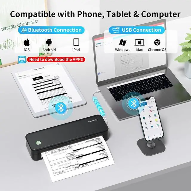 Alt view image 4 of 7 - Gloryang Inkless Portable Printer for Travel, Wireless Thermal Printer Supports 8.5 x 11 Inch Thermal Paper, Bluetooth Machine Includes Carry Case and 3 Rolls of Paper Kit, Black