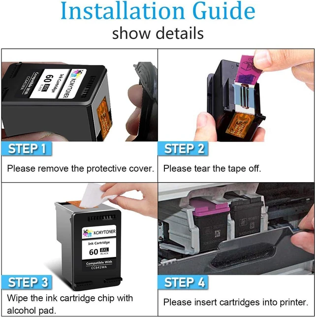 Alt view image 4 of 7 - 60XL Black Ink Cartridges Replacement for HP 60 XL CC641WA High Yield use with PhotoSmart C4780 C4680 C4795 C4640 D110 D110a Deskjet F4480 F4440 F2430 F4280 Envy 110 120 111 114,2 Pack