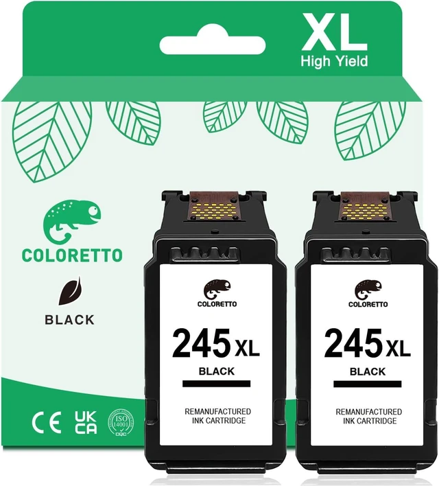 Main image of COLORETTO 245XL Black Ink for Canon Pixma TS3420 Ink Cartridges TS3400 TS3425 TS3120 MG2920 MG2922 MG3020 TR4500 TR4527 TR4522 MX490 MX492 IP2820 Printer Ink PG-245 XL Remanufactured Pixma 2-Pack
