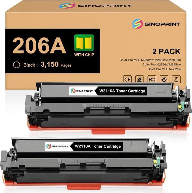 Main image of 206A Black Toner Cartridges with CHIP Compatible with HP 206A 206X Toner Cartridges Set for HP Color LaserJet Pro MFP M283fdw M283cdw M283fdn M282nw M255dw M255nw Printers Ink(W2110A, 2-Pack Black)