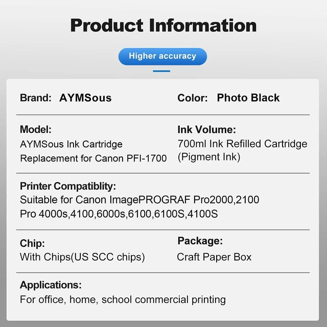 Alt view image 2 of 7 - Compatible Pigment Ink Cartridge Replacement for Canon PFI-1700 for Canon imagePROGRAF Pro2000,2100 Pro 4000s,4100,6000s,6100,6100S,4100S (700ML Photo Black Pigment)
