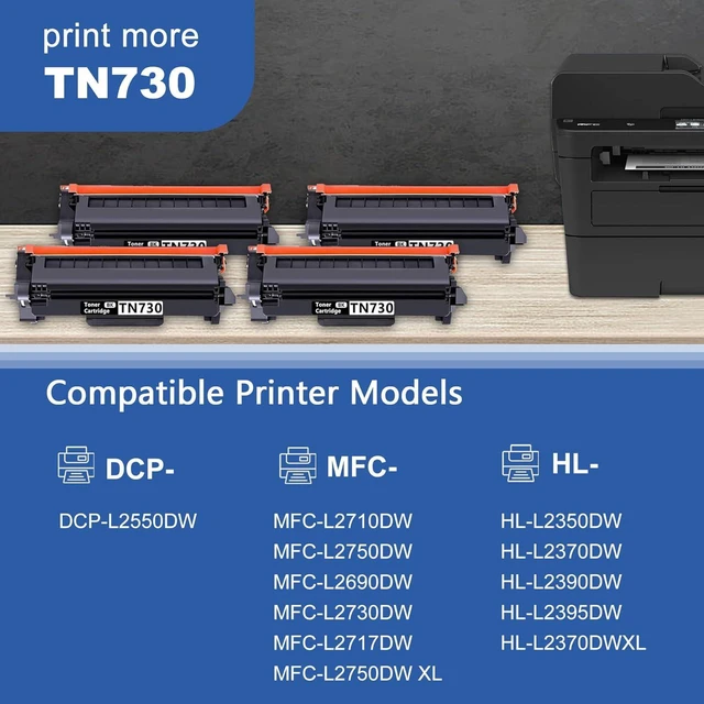 Alt view image 2 of 7 - TN730 Toner Cartridge High Yield Replacement for Brother TN760 TN730 TN-760 TN-730 for DCP-L2550DW MFC-L2710DW L2750DW L2750DWXL HL-L2350DW L2370DW/DWXL L2390DW HL-L2395DW Printer (Black, 4-Pack)