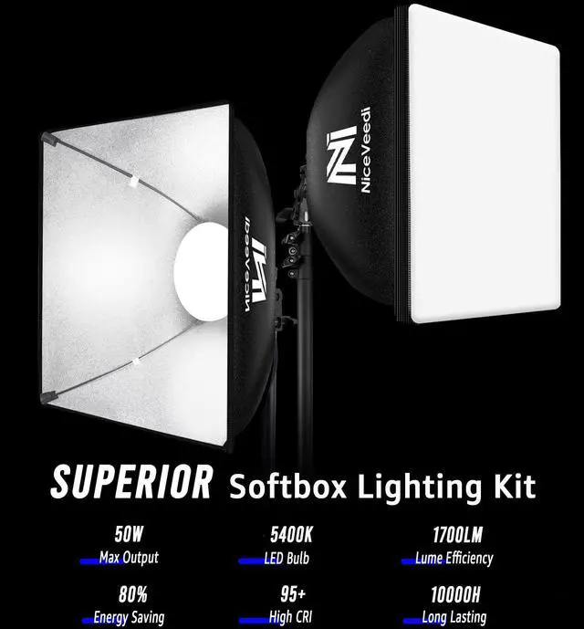 Alt view image 8 of 9 - Softbox Lighting Kit, 16'' x 16'' Softbox Photography Lighting Kit with 63 Tripod Stand & 5400K 450W Equivalent LED Bulb, Continuous Lighting for Photography/Video Record/Live Streaming