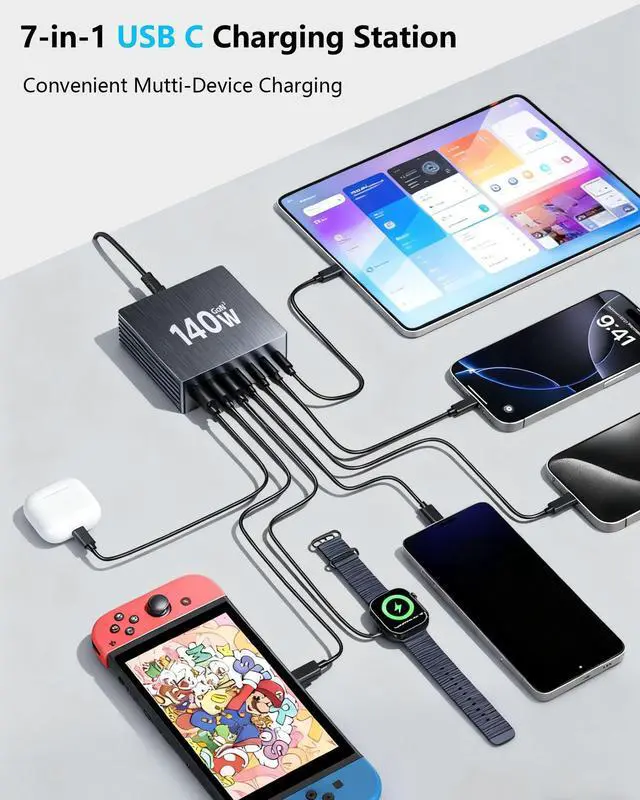 Alt view image 10 of 14 - USB C Charging Station, 140W GaN III 7 Port Fast Charger Station, PD 3.0 USB Charging Station for Multiple Devices, USB Charging Hub, Multiple USB C Charger Station for iPad iPhone Samsung Android