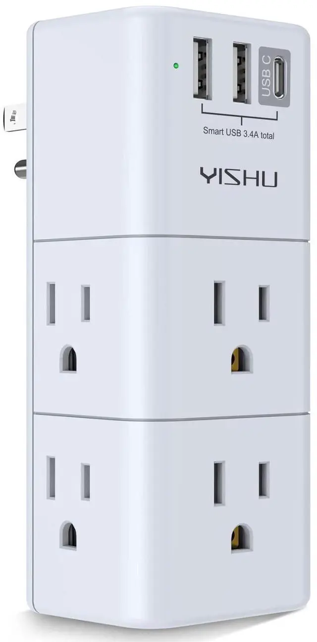 Alt view image 7 of 12 - USB Multi Plug Outlet Extender - YISHU Surge Protector with Rotating Plug, 6 AC Plug Extender with 3 USB Ports, 3-Sided Swivel Power Strip Best Ideal Stocking Stuffers for Adults