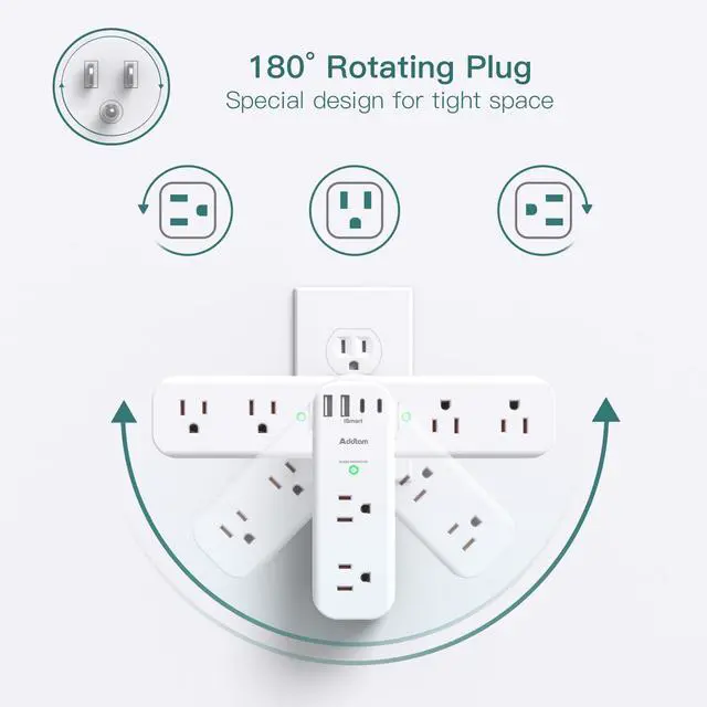 Alt view image 10 of 14 - Surge Protector Wall Outlet Extender, Multi Plug Outlet with Rotating Plug, 6 AC Outlets 4 USB Ports (2 USB C), 1800J, 3-Side Power Strip Wall Mount, Outlet Splitter for College Dorm Travel Essentials