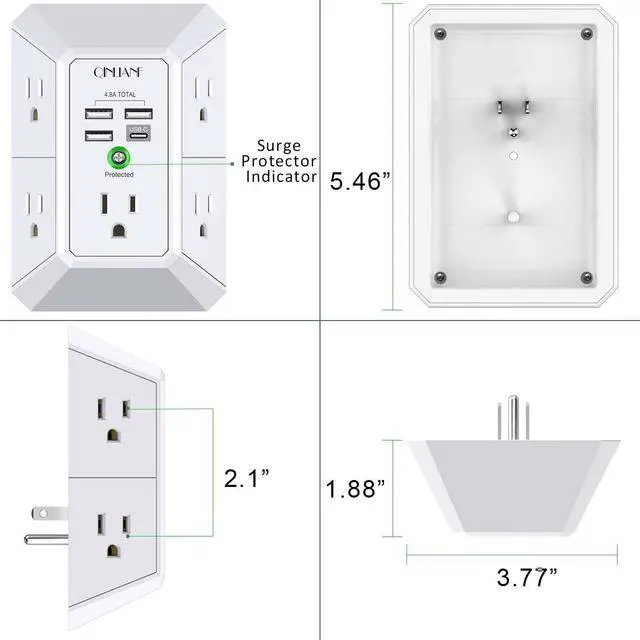 Alt view image 14 of 14 - Wall Charger, Surge Protector, 5 Outlet Extender with 4 USB Charging Ports (4.8A Total) 3-Sided 1680J Power Strip Multi Plug Adapter Spaced for Home Travel Office (3U1C)