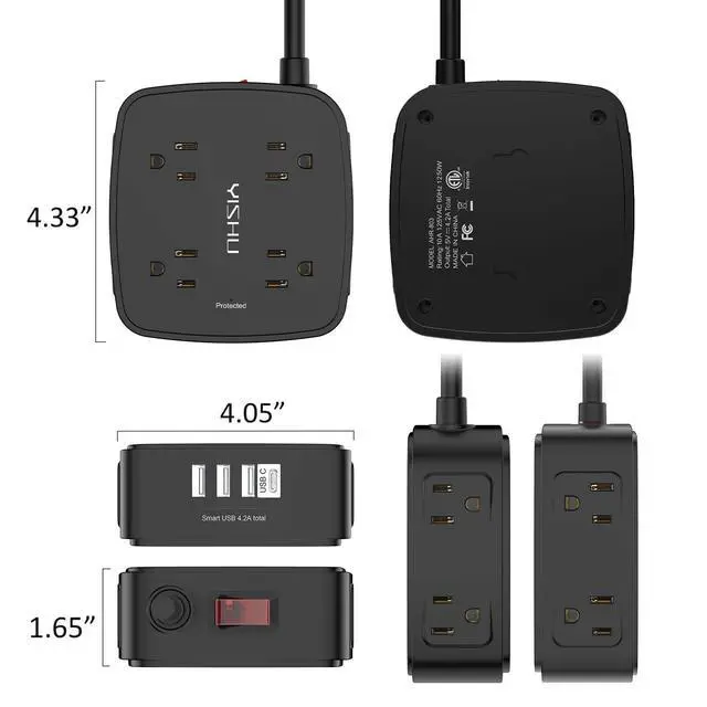 Alt view image 14 of 14 - 10 Ft Surge Protector Power Strip - 8 Widely Outlets with 4 USB Ports, 3 Side Outlet Extender with 10 Feet Extension Cord, Flat Plug, Wall Mount, Desk USB Charging Station, ETL, Black