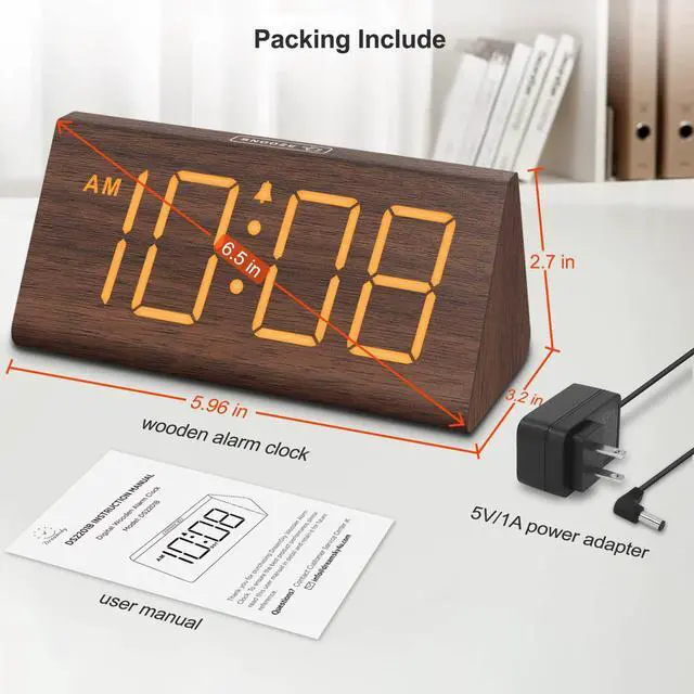 Alt view image 14 of 14 - Wooden Digital Alarm Clocks for Bedrooms - Electric Desk Clock with Large Numbers, USB Port, Loud Alarm for Heavy Sleepers, Adjustable Volume, Dimmer, Snooze, DST, Wood Décor, Adapter Powered