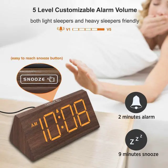 Alt view image 13 of 14 - Wooden Digital Alarm Clocks for Bedrooms - Electric Desk Clock with Large Numbers, USB Port, Loud Alarm for Heavy Sleepers, Adjustable Volume, Dimmer, Snooze, DST, Wood Décor, Adapter Powered