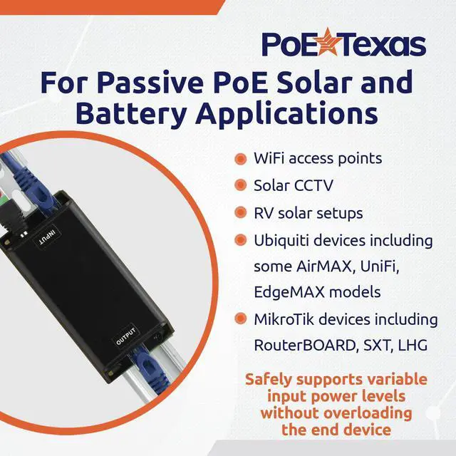 Alt view image 10 of 12 - 24 Volt Passive PoE Injector (Mode B) - DC-Powered Gigabit Inline Converts 12-60V in to 24 Volt Passive PoE Out Up to 30 Watts - Variable DC PoE Injector for Solar Powered Installations