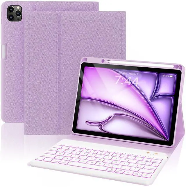 Alt view image 8 of 14 - Keyboard Case for iPad Air 11 inch (M2 2024)/10.9 inch Air 5th/4th Gen/iPad Pro 11 1st/2nd/3rd Gen - 7-Color Backlit Detachable Keyboard, Folio Cover with Pencil Holder - Purple
