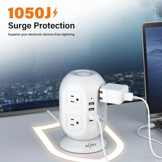 Alt view image 11 of 14 - Surge Protector Power Strip Tower with 8 Outlets 4 USB Ports(1 USB-C), 10 FT Flat Extension Cord with Multiple Outlets, Charging Tower with Surge Protection for Home Office Dorm Room Essentials