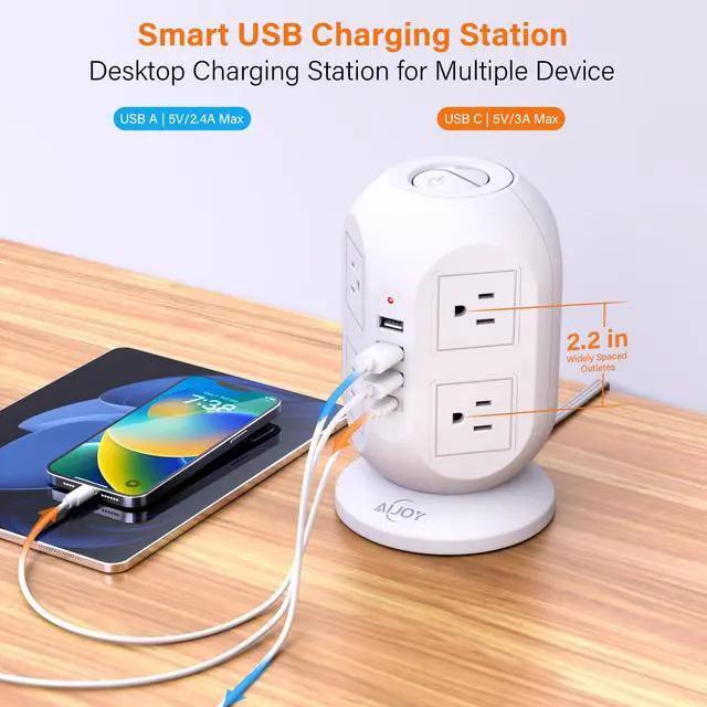 Alt view image 12 of 14 - Surge Protector Power Strip Tower with 8 Outlets 4 USB Ports(1 USB-C), 10 FT Flat Extension Cord with Multiple Outlets, Charging Tower with Surge Protection for Home Office Dorm Room Essentials
