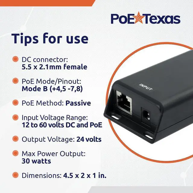 Alt view image 12 of 12 - 24 Volt Passive PoE Injector (Mode B) - DC-Powered Gigabit Inline Converts 12-60V in to 24 Volt Passive PoE Out Up to 30 Watts - Variable DC PoE Injector for Solar Powered Installations