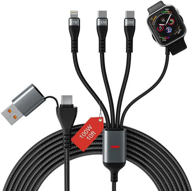 Alt view image 8 of 14 - 100W 2 USB C Multi Charging Cable for Apple Watch - 10ft USB C Fast Charging Cord with Dual USB-C (100W/10W), Lightning & Magnetic Apple Watch Charger, Braided for iPhone 17-14, iPad, Galaxy S24/S23