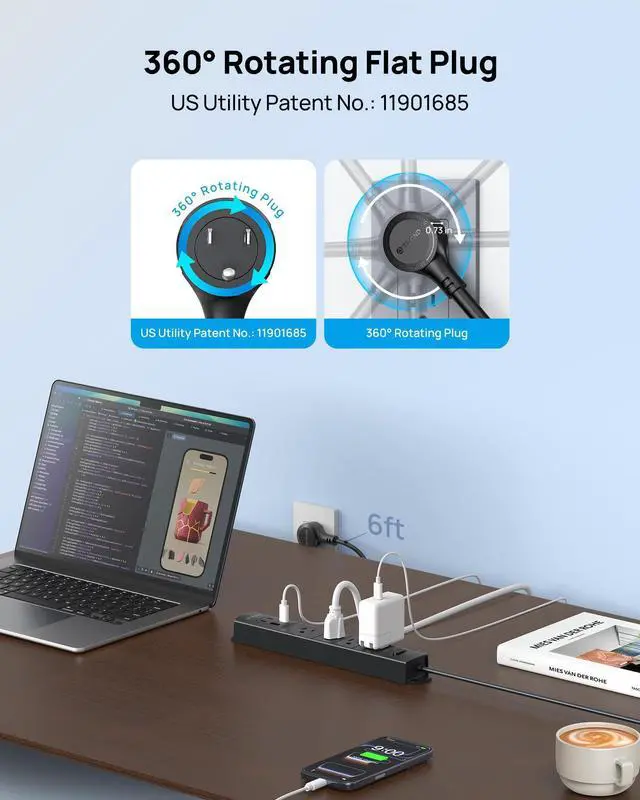 Alt view image 10 of 14 - 360° Rotating Plug Surge Protector, Power Strip with USB Ports, 3 USB C and 1 USB A, 1440 Joules, ETL Listed, 1625W, Wall Outlet Extender, 6ft Extension Cord for Home Office Dorm, Black
