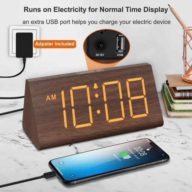 Alt view image 12 of 14 - Wooden Digital Alarm Clocks for Bedrooms - Electric Desk Clock with Large Numbers, USB Port, Loud Alarm for Heavy Sleepers, Adjustable Volume, Dimmer, Snooze, DST, Wood Décor, Adapter Powered