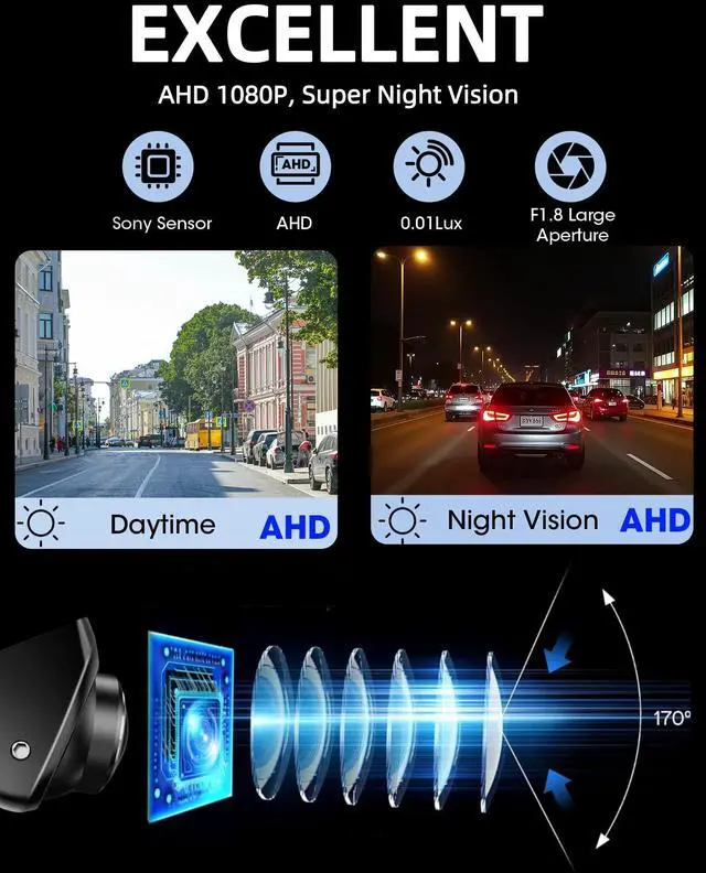 Alt view image 9 of 14 - 360°Rotatable AHD 1080P Backup Camera for Car Super Night Vision 170° Wide Angle Reverse Camera IP69 Waterproof Back Up Camera for Cars Front Rear View Camera w Parking Assist